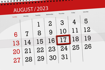 Calendar 2023, deadline, day, month, page, organizer, date, August, thursday, number 17