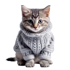 cute kitten wearing a woolen sweater, isolated on a transparant background, funny animals, clipart cutout scrapbook