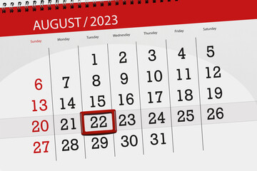 Calendar 2023, deadline, day, month, page, organizer, date, August, tuesday, number 22