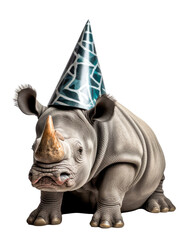 grumpy rhino wearing a party hat, isolated on a transparant background, funny animals, clipart cutout scrapbook