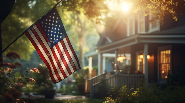 American Flag in front of House