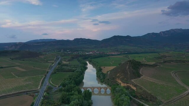 Aerial View over Roman Bridge near Haro, Spain