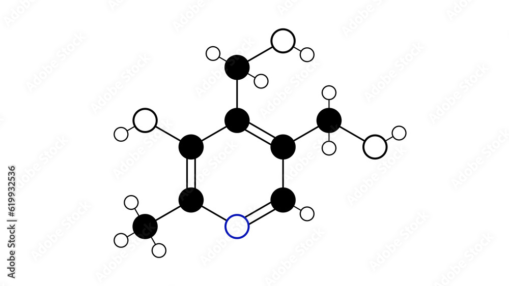 Sticker pyridoxine molecule, structural chemical formula, ball-and-stick model, isolated image vitamin b6