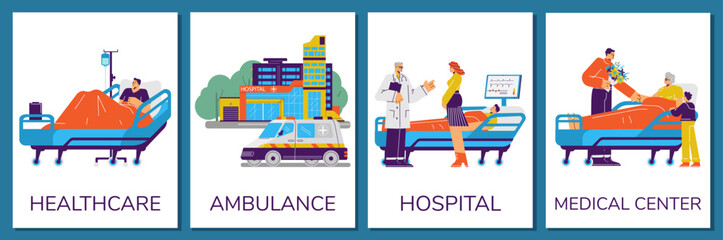 Healthcare and medicine - posters set, flat vector illustration.