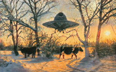 UFO with cows in winter, field, sunset