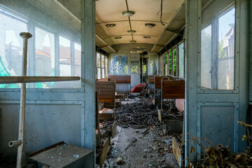 interior of abandoned train bus tram in depot