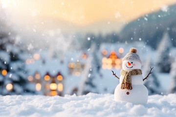Cute smiling snowman in knitted beanie and scarf in frosty snowy winter forest village. Pastel flare. Template with copy space