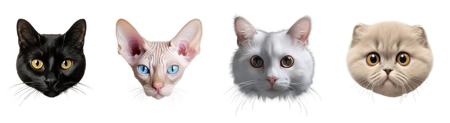 Set of four heads of cute cats of different breeds. Isolated white transparent background