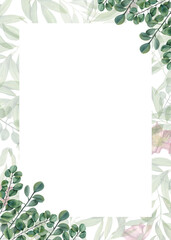 Green watercolor eucalyptus branches isolated on plant background. Vertical floral frame. Template for Save the date, Valentines day, birthday, mothers day cards, invitations. Space for text.