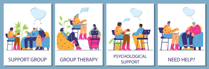 Psychological help advertising posters set, flat vector illustration.