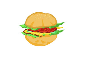 burgers with layers of eggs, meat and vegetables with white background