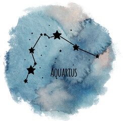 Aquarius zodiac sign constellation on watercolor background isolated on white, horoscope character, black constellation in the blue sky - 619934303