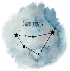 Capricornus zodiac sign constellation on watercolor background isolated on white, horoscope character, black constellation in the blue sky - 619934308