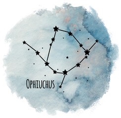 Ophiuchus zodiac sign constellation on watercolor background isolated on white, horoscope character, thirteenth sign of the zodiac, black constellation in the blue sky © nastyasklyarova