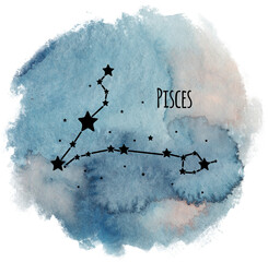 Pisces zodiac sign constellation on watercolor background isolated on white, horoscope character, black constellation in the blue sky - 619934323