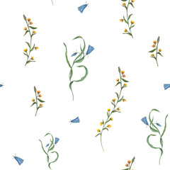 Floral seamless pattern with abstract yellow and blue flowers. Delicate wild meadow plants isolated on white background. Watercolor illustration for fabric, textile, scrapbooking, wrapping
