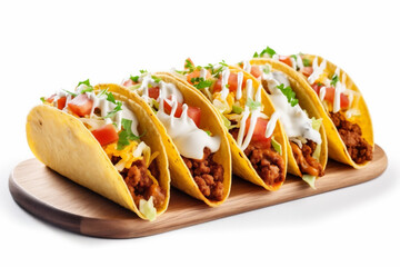 tortilla food vegetable beef white meat tomato taco isolated on mexican white. Generative AI.