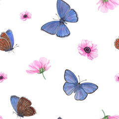Flying blue butterflies among pink anemone flowers isolated on white background. Scarce copper butterflies. Watercolor seamless pattern. For prints, fabric, textile, scrapbooking, wrapping.