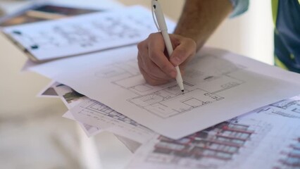 Experienced engineer correcting renovation plan stands near construction safety equipment skilled worker in vest getting ready for reconstruction of big house