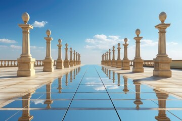 3D rendering of walkway with balustrade in blue sky background. Illustration