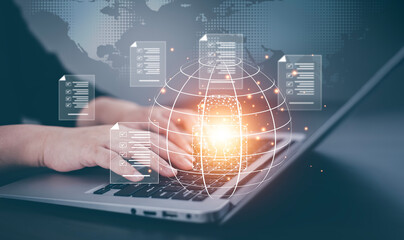 Businesswoman working on laptop with virtual screen. Online documentation database, IT consultant...