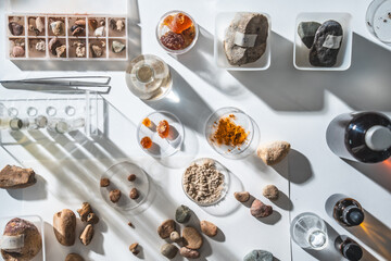 Geology science laboratory research concept, sample test analysis of nature dirtied ground in environment and ecology experiment, agriculture agronomy material to working with scientific equipment