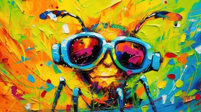 Ant cartoon character with sunglass. Original painting background made with paint strokes. Interior painting. Generative AI. Illustration for banner, poster, cover, brochure or presentation.