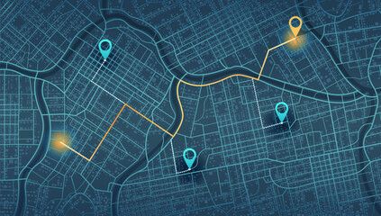 Location tracks dashboard. City street road. City streets and blocks, route distance data, path turns and destination tag or mark. Huge city top view. ector, illustration. Abstract background.