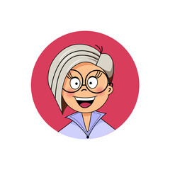 Funny cartoon avatar of cute and cheerful girl with big eyes with eyelashes in glasses with unusual hairstyle fashionable haircut. vector flat