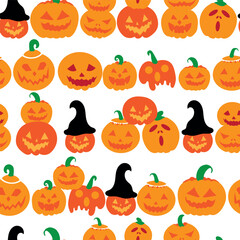 White Halloween pumpkin seamless vector background with funny, scary, and angry faces. Halloween vector pattern