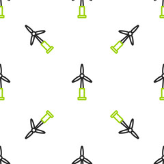 Line Wind turbine icon isolated seamless pattern on white background. Wind generator sign. Windmill for electric power production. Vector