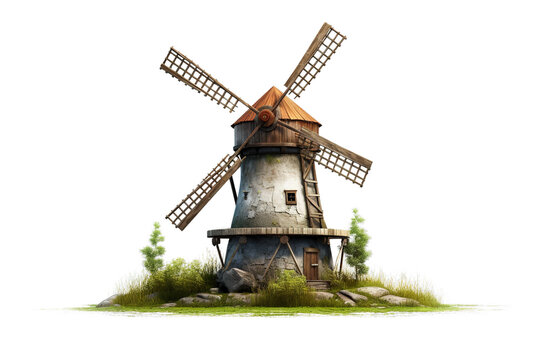 Vintage old windmill over white transparent background