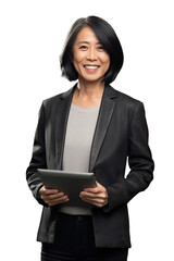Happy middle aged CEO Asian businesswoman holding tablet over white transparent background - obrazy, fototapety, plakaty