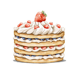 Watercolor vintage delicious food berry layered cake pie with pancakes, whipped cream with strawberries and blueberries isolated on white background. Hand drawn illustration sketch
