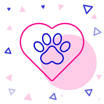 Line Heart with animals footprint icon isolated on white background. Pet paw in heart. Love to the animals. Colorful outline concept. Vector