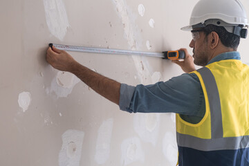 Worker in hardhat and vest measures distance between future sockets on wall with measuring reel...
