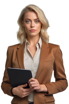 Caucasian beautiful businesswoman holding digital tablet over isolates transparent background