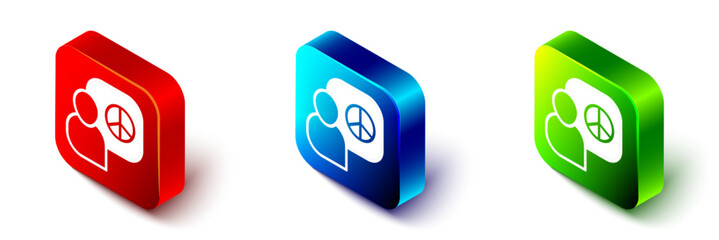 Isometric Peace talks icon isolated on white background. Red, blue and green square button. Vector