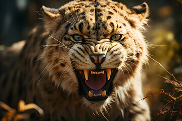 Powerful Panthera roaring, displaying aggression and anger with open mouth and sharp teeth.
