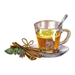 A cup of tea with lemon and cinnamon. Glass goblet filled with tea. Watercolor hand drawn illustration. Isolate on white background. For invitations, packaging and menus. For flyers, labels and print.