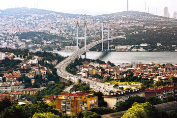 Istanbul Bosphorus Bridge aka 15th July Bridge seen from European Side through the Asian side. 