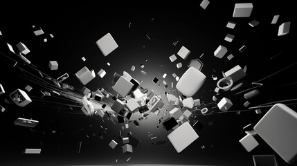 Abstract digital rendering of common desktop icons floating and colliding in a 3D cyberspace, sharp edges, minimalistic, black and white