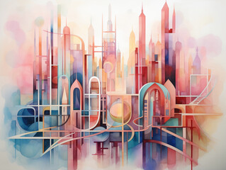 Iconic architectural symbols from various cultures intersecting and merging in an impossible cityscape, abstract expressionism, watercolor style, pastel palette