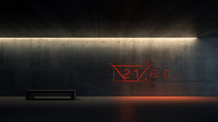 Minimalistic and clean array of neon mathematical symbols, stark contrast against a dark concrete wall, simplistic but striking, modern, glowing, wide - angle perspective