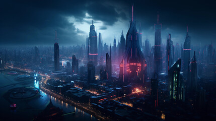 Fototapeta na wymiar Neo - futuristic cityscape full of illuminated neon signs and symbols, hyper - realistic, Blade Runner vibes, high angle