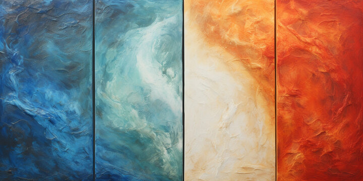 Symbolic representation of the four elements - earth, air, fire, and water - abstract expressionism, each element in a quadrant, evocative colors and textures, painted on raw canvas
