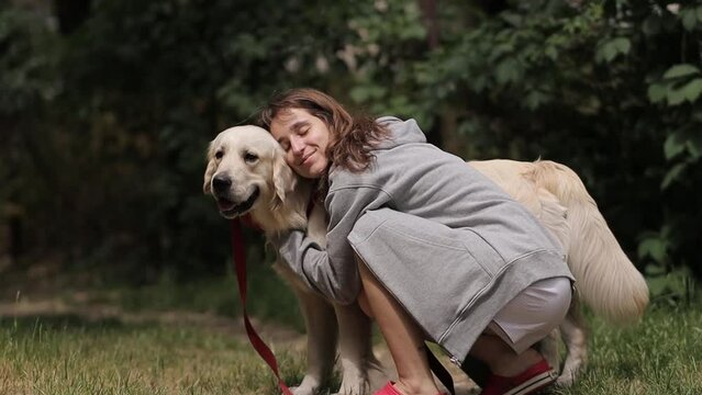 Girl hugging a golden retriever. Beautiful girl hugging a golden retriever, in the park outdoors and smiling. Golden retriever labrador with beautiful woman owner girl playing in the park outdoors.