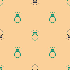 Green and black Diamond ring icon isolated seamless pattern on beige background. Vector