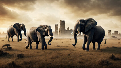 Fototapeta na wymiar Beautiful elephants walking in a destroyed post-apocalyptic city at sunset. Generative AI