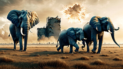 Majestic elephants walking in a ruined post-apocalyptic city at sunset. Generative AI